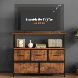 Dresser TV Stand, Entertainment Center with 5 Fabric Drawers, Media Console Table for TV with Open Storage Shelf Dresser for Bedroom/Living Room/Hallway Deck Boxes