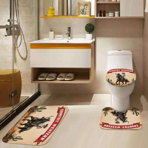 1pc/4pcs Western Cowboy Waterproof Bathroom Decor Set, Polyester Woven Fabric, Fashionable Country Western Theme, Washable, with Non-Slip Rug, Toilet Cover, and 12 Hooks - Image 2