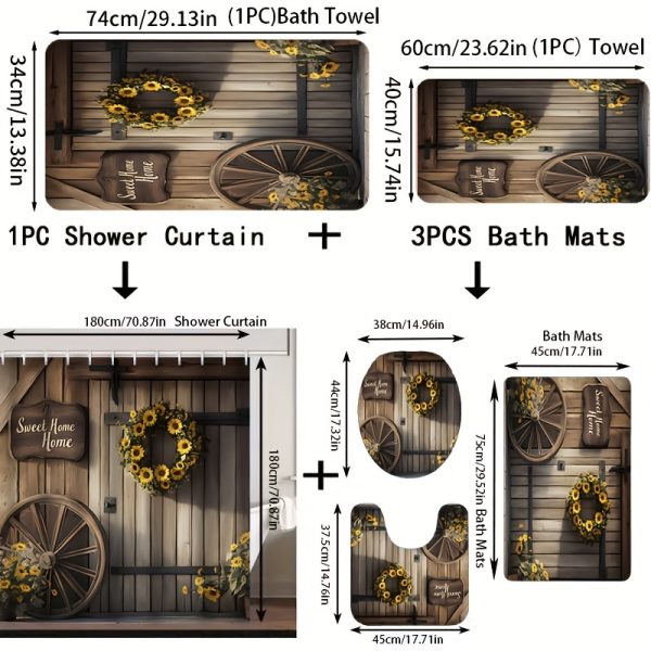 Rustic Sunflower "Sweet Home" Bathroom Set - 1pc/2pcs/4pcs/6pcs Polyester Shower Curtain with 12 Hooks, Water-Resistant Woven Bath Mat, Toilet Cover, Quick-Absorbent Towels, Fashion Themed Kitchen Dish Towel, Non-Bleach Care, Farmhouse Decor Accessories - Image 3