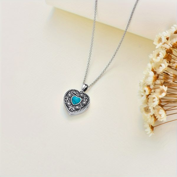 Vintage Sunflower Heart Shaped Locket Necklace S925 Sterling Silver With Synthetic Turquoise Jewelry For Women Girls Halloween Christmas - Image 3