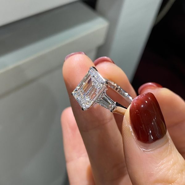Charming Ideal Jade Cut Moissanite Ring Women' S 4ct Three Stone Moissanite Engagement Ring Sterling Silver Platinum Plated Anniversary Wedding Ring, Greystone, Moissanite