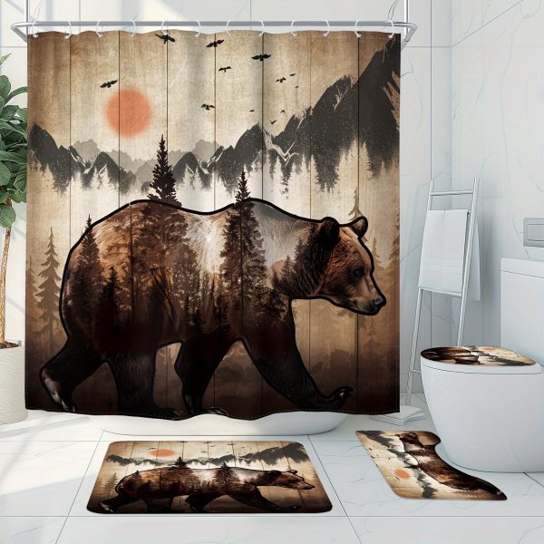 1/4 Piece - Rustic Bear Cabin Shower Curtain Set, Vintage Cabin Mountain Country Animal Western Farmhouse Hunting Wildlife Waterproof Shower Curtain With 12 Hooks, Non-slip Bathroom Floor Mat, Toilet U-shaped Mat, Cover Mat, Shower Decor Accessories - Image 2