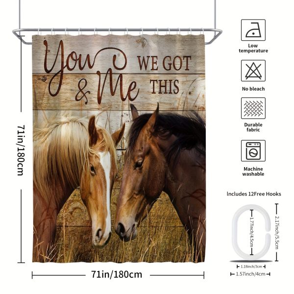 1pc/4pcs Horse Shower Curtain Set, Horse Facing Off Wood Backdrop Side with Inspirational Quotes Western Wild Animals Horse Print Pattern Shower Curtain, Non Slip Bath Mat Toilet Floor Mat, Farm Animal, 12 Plastic Hooks, 71x71in - Image 7