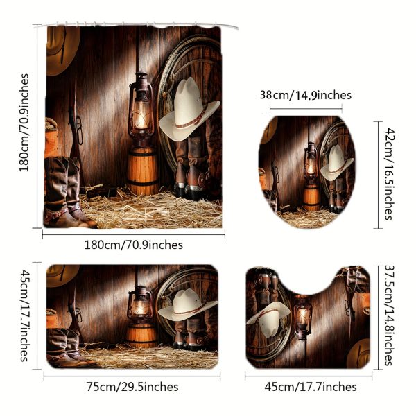 Western Cowboy Themed Bathroom Set with Water-Resistant Polyester Bath Drapes, Machine Washable, Includes Grommets, Knit Weave, Suitable for All Seasons - Arts-inspired Decor with Non-Animal Patterns (4-Piece Set) - Image 3