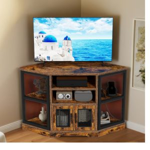 Xelsyo Farmhouse Corner TV Stand For TVs Up To 55 Inch With Power Outlet, Wood Entertainment Center, TV Media Console With Storage, Walnut
