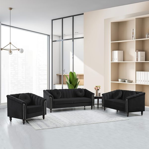 [The Yard]Chesterfield Sofa Set, Luxurious Flannel Upholstered Couch Set With Rolled Arms And Rivet Trim, 3-Piece Living Room Furniture Set Including Sofa, Loveseat, And Armchair, Button Tufted Cushions, Modern Classic Style Sofa For Home Or Office - Image 2
