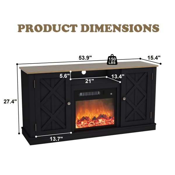 1pc Black Farmhouse 54" Entertainment Center with Electric Fireplace, TV Stand Console with Mantel, MDF Wood Construction, Barn Door Design, 110V US Plug, Easy Assembly, Storage <3.2 Cubic Feet - Image 2