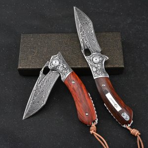 Premium VG10 Damascus Steel Folding Pocket Knife - High-Carbon Tactical Knife for Outdoor Utility, Camping, Hiking, EDC with Durable Wood Handle and Razor-Sharp Blade