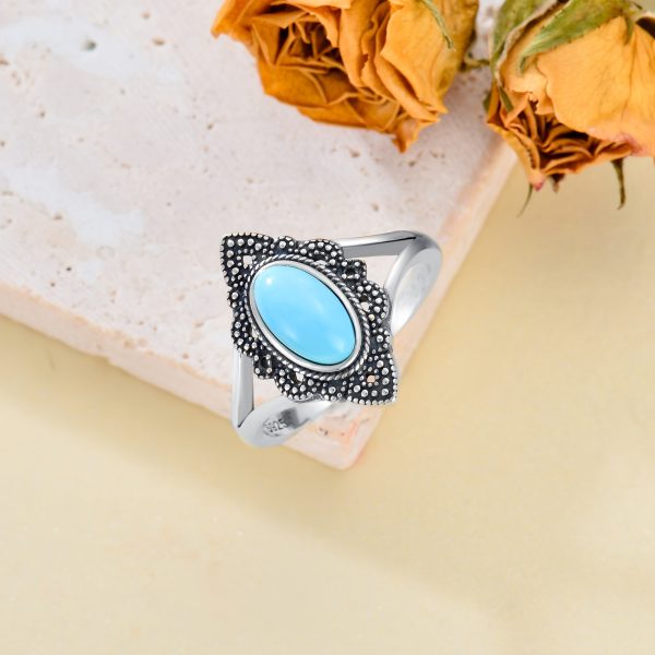 Turquoise Ring 925 Sterling Silver Long Oval Cut Turquoise Vintage Style Ring for Women - Image 5