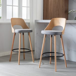 30 Inches Height Wooden Bar Chairs, Walnut Finish Bar Chairs with Gray Fabric Seat and Solid Wood Backrest, Set of 2, Beige