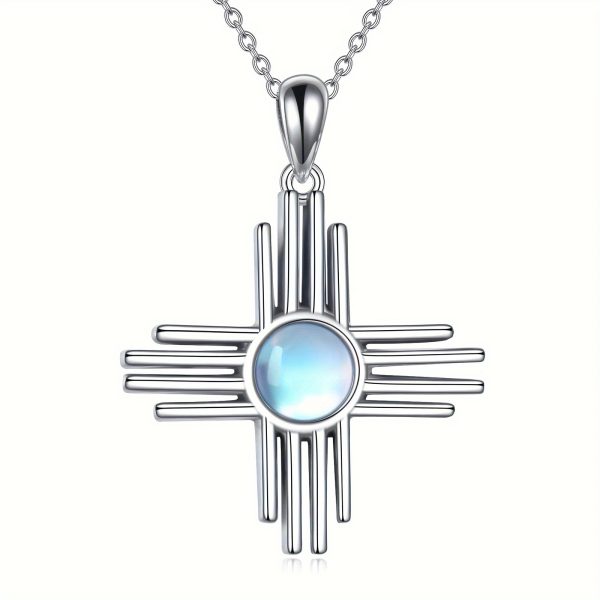Zia Sun Symbol 925 Sterling Silver Necklace Exquisite Ladies Turquoise/Moonstone Pendant Jewelry For Women New Mexico Necklace For Mother's Day Christmas Birthday Gifts - Image 2