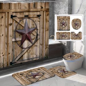 Open 1/4pcs Texas Five-pointed Star Country Farm Pattern Shower Curtain Set, Non-slip Bath Mat Rug, Shaped Mat Toilet Cover, Waterproof Shower Curtain, 71X71 Inch, with 12 Hooks, Bathroom Home Decoration
