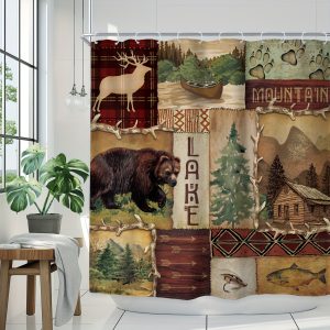 1pc - Polyester - Vintage Cottage Shower Curtain Country Bear Wildlife Farmhouse Western Tribe Cabin Bathroom Accessories Home Decor Waterproof Fabric With 12 Plastic Hooks