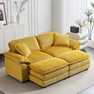Corduroy 2-seats Sofa With 2 Back Pillows, 2 Toss Pillows And Two Ottoman, Comfy Sofa- Deep Seat Couch For Living Room