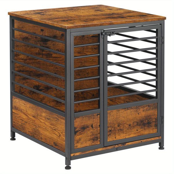 1pc Rustic Wooden Dog Crate Furniture with Metal Frame, Scratch-Resistant End Table, Secure Latch, Adjustable Feet, Indoor Pet Cage House for Small/Medium Dogs - Image 8