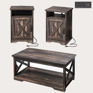 Dark Rustic Oak 3-Piece Farmhouse Table Set Featuring Coffee Table, Two End Tables, and a Side Table with Charging Station and USB Ports - Ideal for Living Room or Bedroom