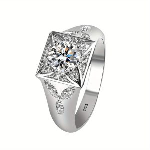 1pc S925 Men's Pure Silvery Ring, Simple and Elegant Design, Suitable for Attending Parties, Gatherings, Daily Wear, Gift Giving, Halloween, Christmas Eve, etc., 3 Carat Moissanite, Silvery Weight 0.32 oz
