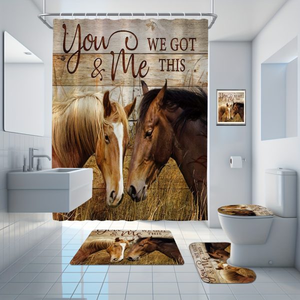 1pc/4pcs Horse Shower Curtain Set, Horse Facing Off Wood Backdrop Side with Inspirational Quotes Western Wild Animals Horse Print Pattern Shower Curtain, Non Slip Bath Mat Toilet Floor Mat, Farm Animal, 12 Plastic Hooks, 71x71in - Image 2