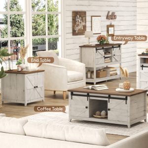 Farmhouse Double Lift Top Coffee Table with Sliding Barn Doors, Wood Square Center Table with Large Hidden Storage Space and Open Cabinet, for Living Room, Bedroom, Home Office, Rustic White