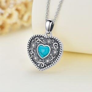 Vintage Sunflower Heart Shaped Locket Necklace S925 Sterling Silver With Synthetic Turquoise Jewelry For Women Girls Halloween Christmas