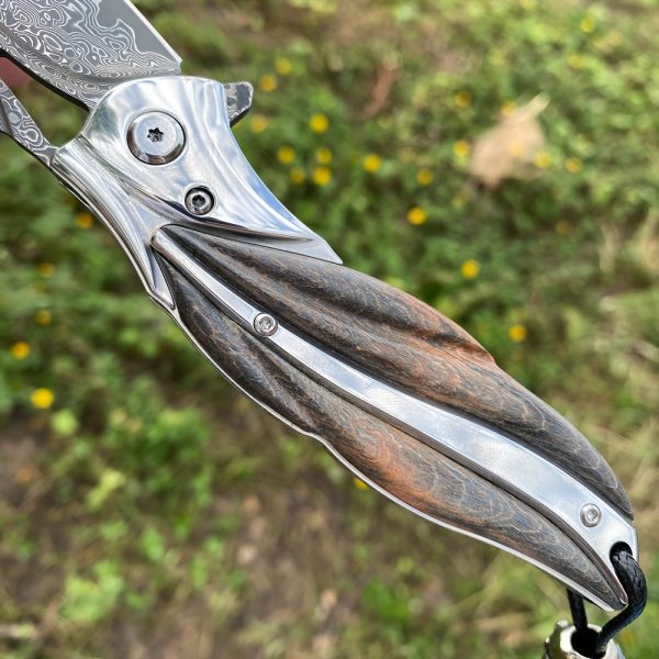 1 Piece, Damascus Steel Folding Pocket Knife, Premium Quality High Hardness Knife With Leather Sheath, Stabilized Cured Wood Handle, EDC Camping And Fishing Knife, Great For Adventure, Outdoor Hiking Tools, Men's Folding Knife Gift, Fruit Knife - Image 5