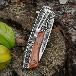 1pc Ambidextrous Stainless Steel Folding Knife with 3D Vintage Embossed Pattern - Lightweight Pocket Knife for Outdoor Survival, Camping, Fishing, Hiking, Hunting - Unique Engraved Design, Ideal Men'S Gift for Christmas, Halloween, Thanksgiving, Father'S