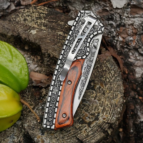 1pc Ambidextrous Stainless Steel Folding Knife with 3D Vintage Embossed Pattern - Lightweight Pocket Knife for Outdoor Survival, Camping, Fishing, Hiking, Hunting - Unique Engraved Design, Ideal Men'S Gift for Christmas, Halloween, Thanksgiving, Father'S