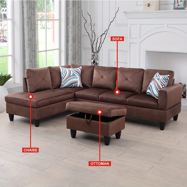 3pcs Vintage Style Brown Microfiber Sofa Set, Armless Pillow-Back Living Room Couches, Hardwood & Metal Frame, Foam & Polyurethane Foam Seating, with No Electricity or Battery Needed for Living Room - Image 2
