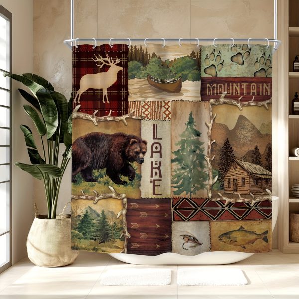 1pc - Polyester - Vintage Cottage Shower Curtain Country Bear Wildlife Farmhouse Western Tribe Cabin Bathroom Accessories Home Decor Waterproof Fabric With 12 Plastic Hooks - Image 2
