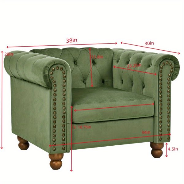 Classic Green Velvet Chesterfield Sofa with Scroll Arms, Nailhead Trim & Solid Wood Legs - Comfortable Button Tufted Settee for Living Room, Bedroom, Office, or Apartment - Image 5