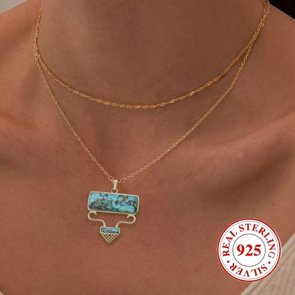 A Silvery Weight 5gS925 Silver Natural Turquoise Retro Style Necklace - Image 3