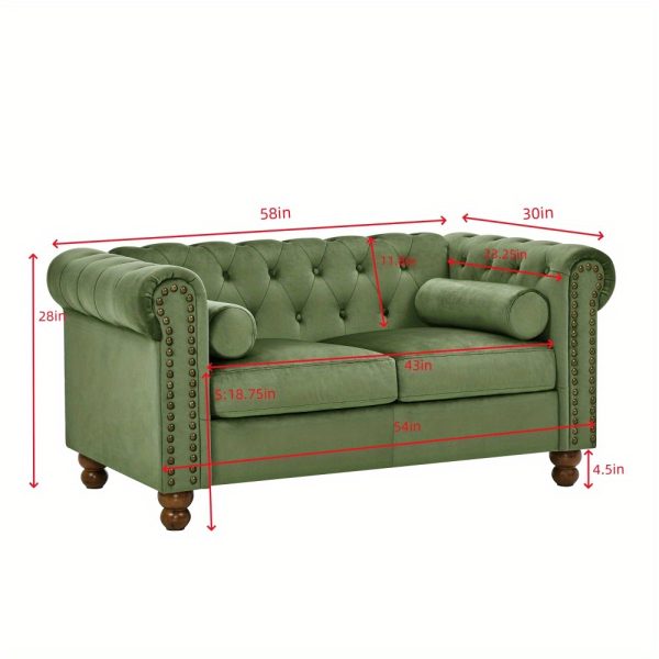 Classic Green Velvet Chesterfield Sofa with Scroll Arms, Nailhead Trim & Solid Wood Legs - Comfortable Button Tufted Settee for Living Room, Bedroom, Office, or Apartment - Image 4
