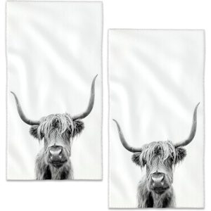 2-Pack Highland Cow Bath Towels, 18x26 Inch, Super Soft Woven Polyester, Contemporary Style, 240gsm, Multi-Purpose Oblong Towels for Bathroom, Cute Couples & Family Holiday Gift