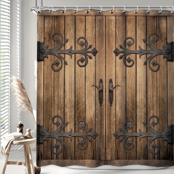 1/4pcs Rustic Barn Door Shower Curtain Set, Vintage Farmhouse Western Metallic Wooden Plank Cabin Barnwood Retro Country Modern Waterproof Shower Curtain With 12 Hooks, Non-slip Bathroom Mat, Toilet U-shaped Mat, Cover Mat, Home Decor - Image 2