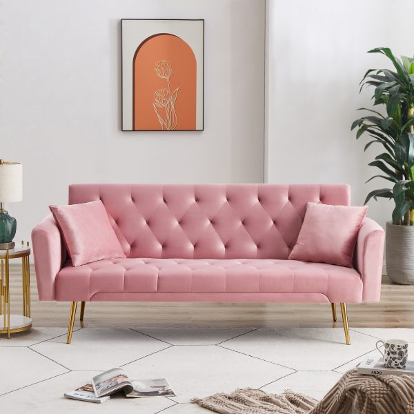 Elegant 71.65'' Foldable Velvet Sofa Bed with Metal Leg Straps, 2 Square Pillows, Line Design, Space-Saving, 5 Colors to Choose from, 1pc - Image 6