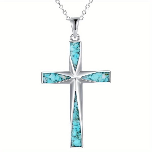 Natural Stone Cross Necklace Pendant With Turquoise Gemstone, Unique And Niche Cross Pendant Hanging - Image 2