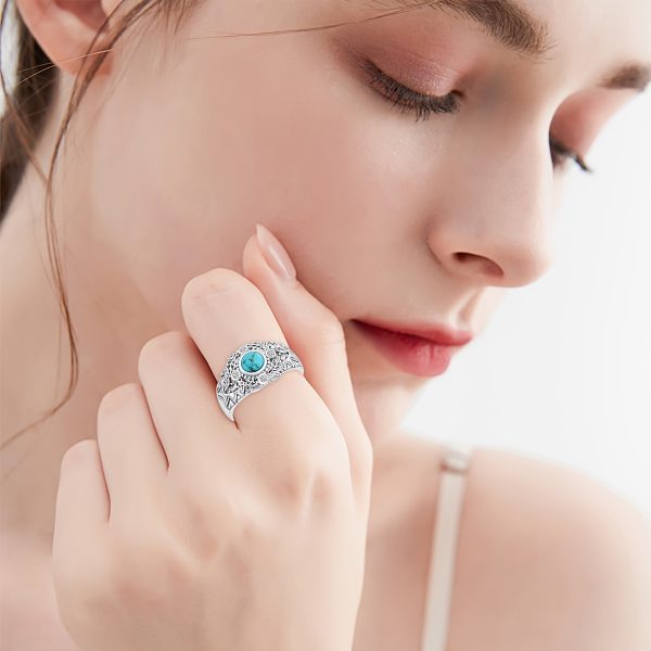 Vintage Boho 925 Sterling Silver Turquoise Ring, Oxidized Leaf Butterfly Design, December Birthstone, Ideal for Daily Wear & Gift Giving, Christmas Season Jewelry for Women - Image 3