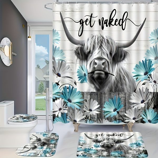 Highland Cow Shower Curtain Set with Hooks, Water-Resistant Polyester Cartoon Animal Farmhouse Bathroom Decor, Gray Daisy Country Rustic Wooden Fence Get Naked Quote, All-Season Knit Fabric Curtain with Cattle Theme, 4-Piece Bundle Including Hook and Mat - Image 4