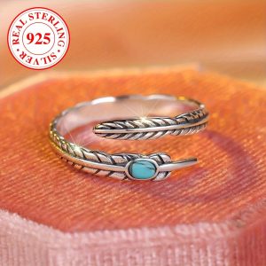 2g Exquisite Vintage 925 Sterling Silver Egg Shape Turquoise Smear Feather Open Adjustable Ring Everyday Fashion Accessories