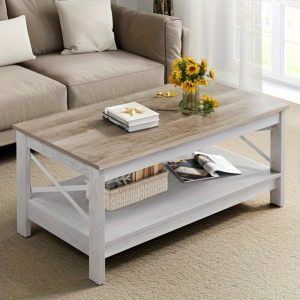 YINTATECH 2- Tier Wood Coffee Table with Open Storage, Farmhouse Accent Cocktail Center Table for Home Office, Brown and White