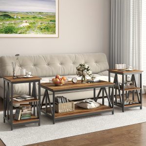 3 Pieces Industrial Metal Frame Coffee Table Set, ChargeoN Living Room Table Set with 2 Square End Side Tables for Apartment Home Office