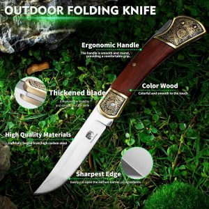 Vintage Engraved Brass & Rosewood Handle Folding Knife - 3.2" Pocket-Sized, Stainless Steel Blade for Outdoor, Camping, Hiking - Perfect Gift for Men & Women on Birthdays, Christmas, and Special Occasions