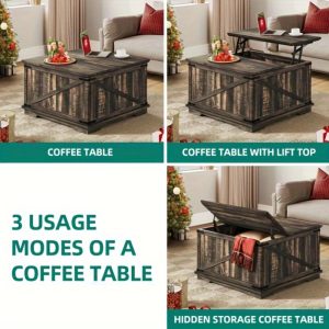 YINTATECH Lift- Top Square Coffee Table with Rustic Oak Finish