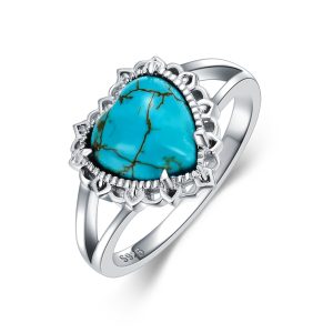 925 Sterling Silver Heart-Shaped Turquoise Gemstone Ring for Women, Bohemian Western Jewelry Gift, December Birthstone