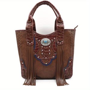 Western Style Cowgirl Woven Fringe Crocodile Gorgeous Purse Conchos Tote Country Women Handbag Shoulder Bags Wallet Set