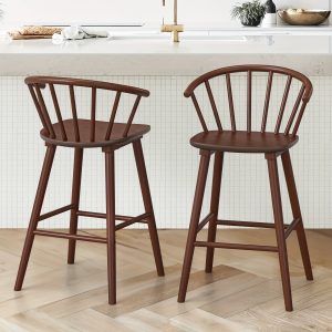 26' Wood Windsor Barstools With Curved Back, Barstools Set Of 2 And Set Of 3, Counter Height Bar Stools With Footrest, French Classic Bar Stool For Kitchen, Island, Living Room,