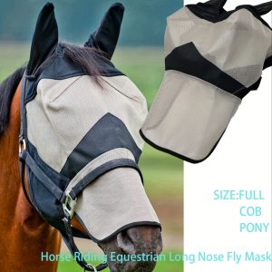 Equestrian Long Nose Fly Mask for Horses, PVC Breathable Mesh Protection with Adjustable Straps - Fly Repellent Horse Mask
