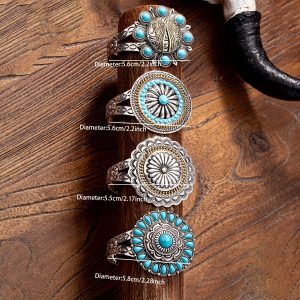Vintage Tribal Pattern Zinc Alloy Cuff Bracelet with Turquoise Embellishments - Unplated, Adjustable for Daily Wear & Gift Giving