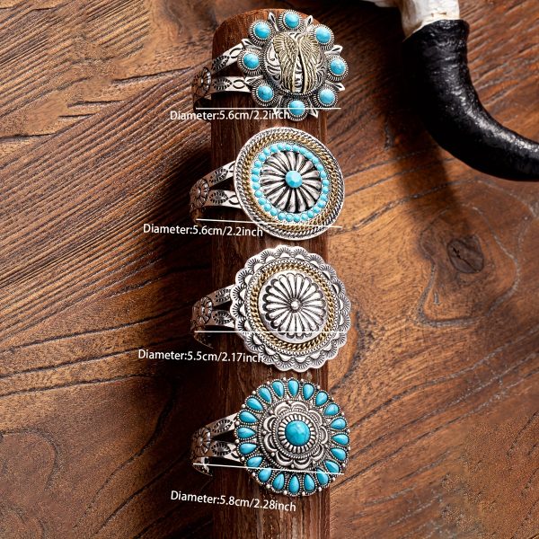 Vintage Tribal Pattern Zinc Alloy Cuff Bracelet with Turquoise Embellishments - Unplated, Adjustable for Daily Wear & Gift Giving
