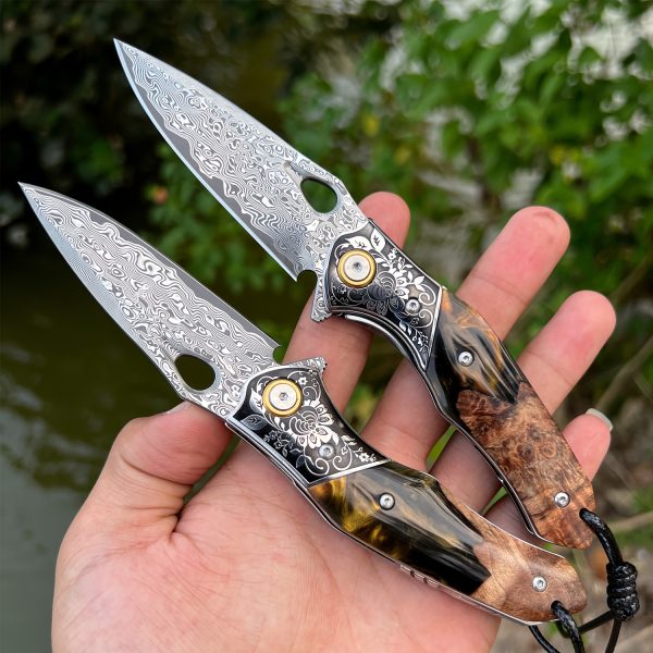 1PC Handmade Damascus Steel Pocket Knife, 3.1" VG10 Sharp Blade, Men's And Women's Folding Knife With Leather Holster, Liner Lock, Resin And Maple Handle For EDC Outdoor Camping Use, Hiking Carry, Everyday Fishing Knife - Image 8